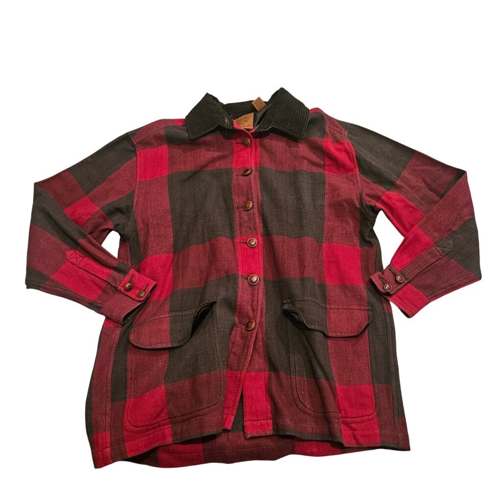 Krazy Kat Buffalo Plaid Jacket Women Sz M Red Black Chore Lined Corduroy Collar